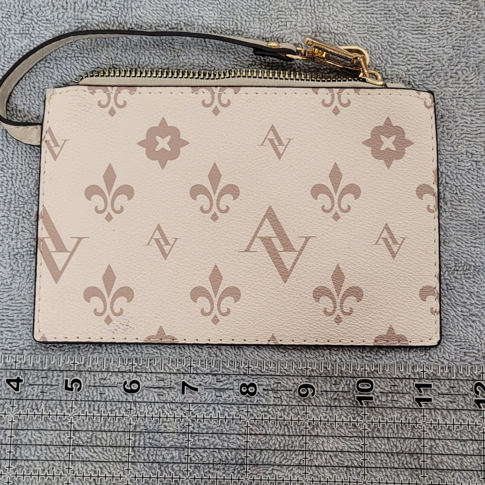 Adrienne Vittadini Monogram Wristlet Pouch Cream Tan Fleur-de-Lis Zip Wallet